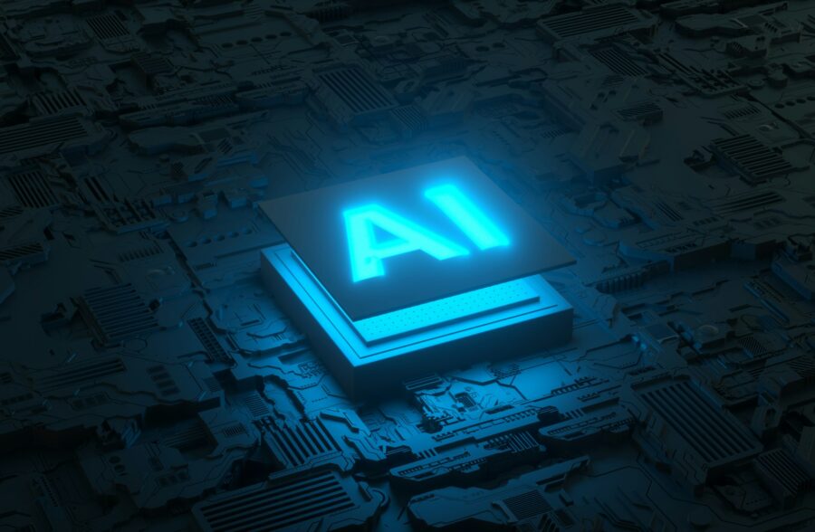 Circuit board and AI micro processor, Artificial intelligence of digital human. 3d render