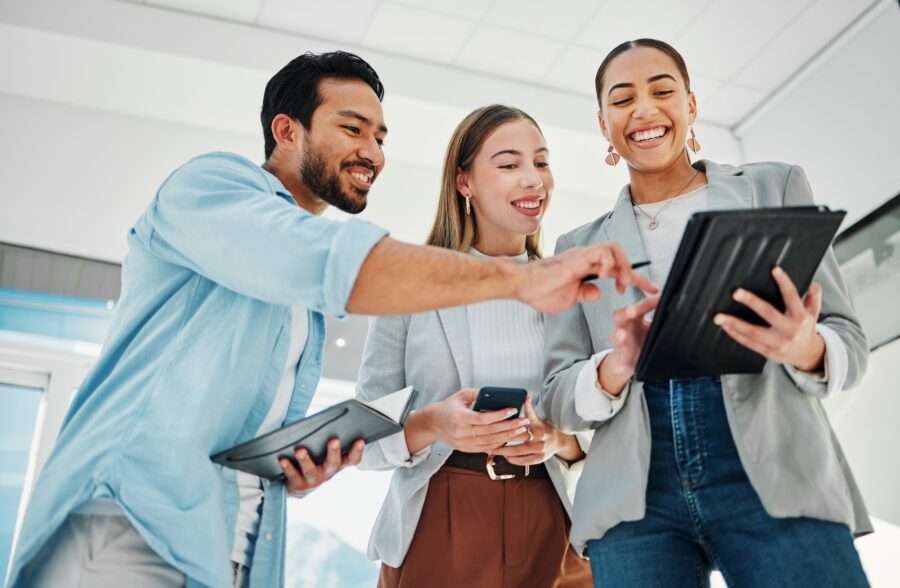 Business people, teamwork and collaboration on tablet for data analytics, marketing results and com