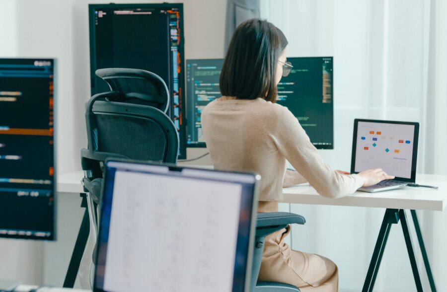 Female freelance eyeglasses typing write prompt AI bot IT app smart program nomad, video game.